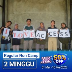 ACCESS-ES - Paket Reguler Non Camp 2 Minggu Early Bird dibagi menjadi 3 level yaitu Level 1, Level 2 dan Level 3. Untuk mengikuti paket ini, Kamu wajib melalui Measuring test terlebih dahulu untuk menentukan Level kelas yang sesuai dengan kebutuhan kamu. (sehingga dalam satu kelas kemampuan peserta akan merata). Paket Reguler Non Camp 2 Minggu Early Bird memiliki 4x kelas/pertemuan yang wajib diikuti selama hari aktif (senin-jumat) Yang akan Kamu pelajari ketika mengikuti Paket Reguler Non Camp ACCESS-ES Kampung Inggris Pare sebagai berikut: